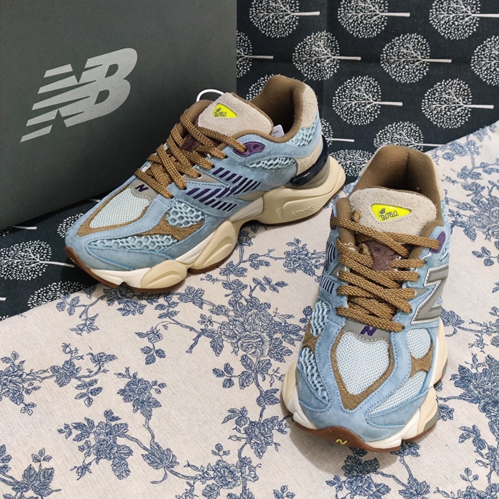 New Balance Gray, Brown and Yellow Mixed-Material Sneaker Detail